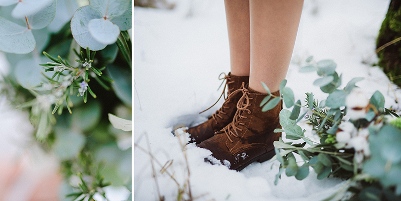 Boots Schuhe Winterbraut im Schnee mit Brautstrauß